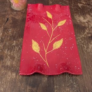 Red Ceramic Tray with Yellow Leaf Design